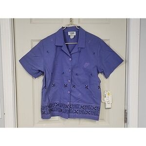 Vtg Teddi‎ Petite Women's Medium Button Shirt Short Sleeve Purple Floral ~ NWT